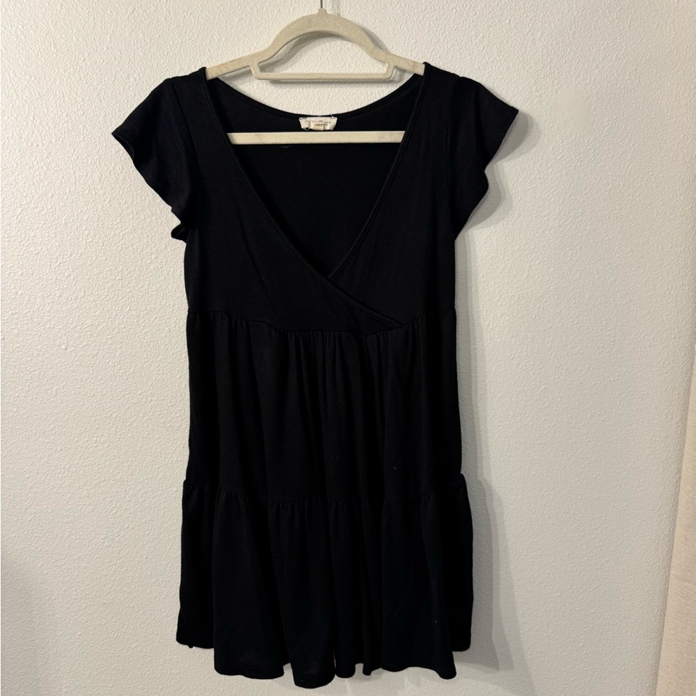 See You Monday Black V-Neck Flutter Sleeve Mini Dress